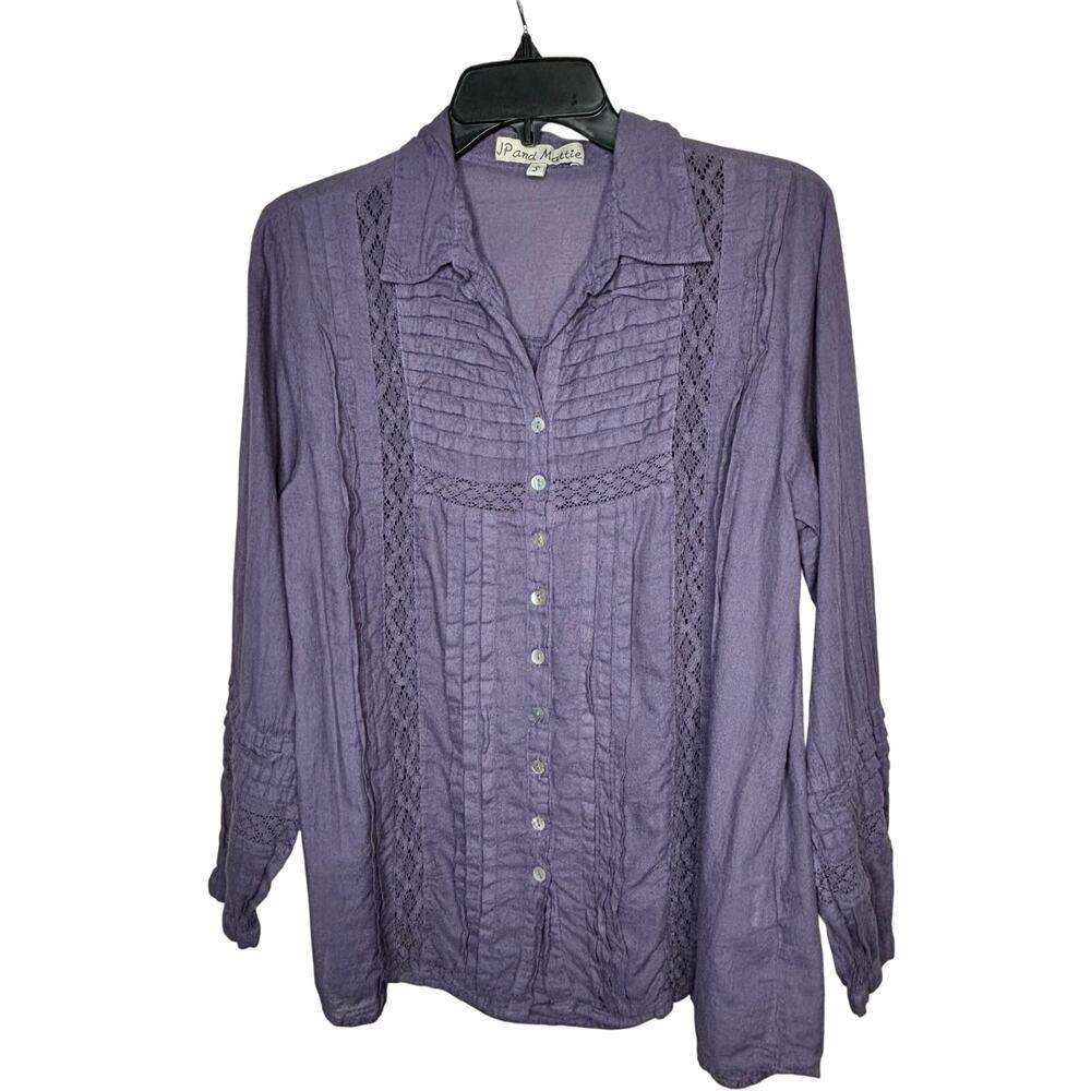 JP and Mattie 100% Cotton Purple Ruffle Button Down Boho Cottage Shirt Small